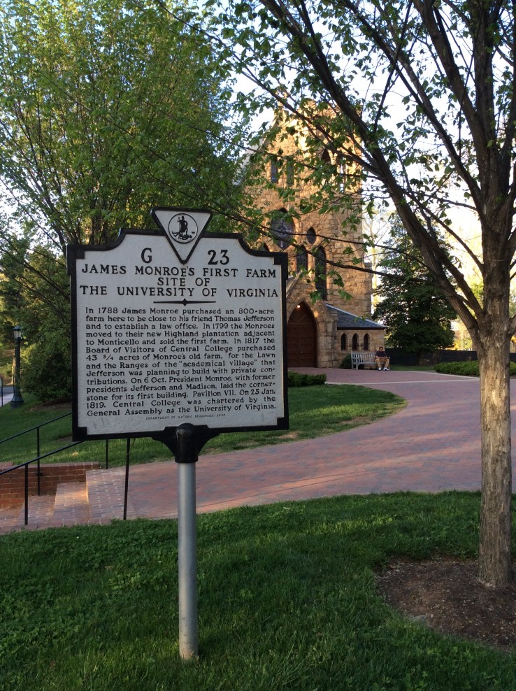 University of Virginia stands on site of James Monroe's first farm, historical marker, 2015 Amy Cools.JPG