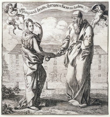 A woman representing Wisdom giving to Aristotle the key to the treasure-house of Reason, to distinguish man from the beasts. Etching. Image public domain via Wikimedia Commons.jpg