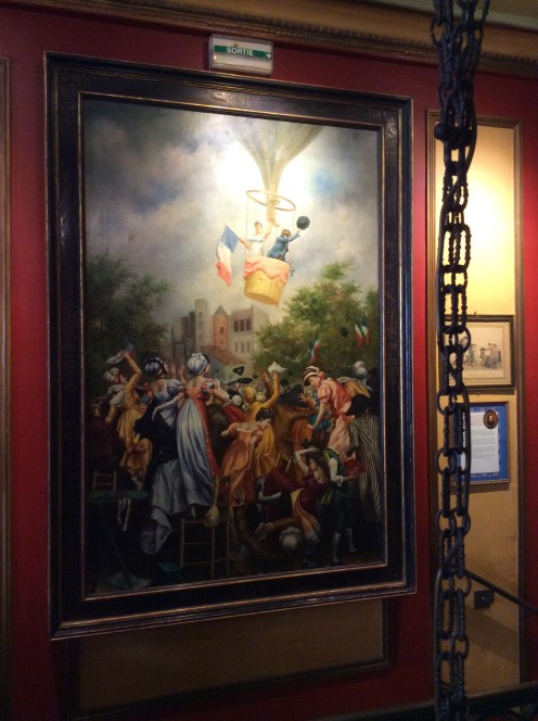 Painting of a hot air balloon ride at Café Procope, Paris