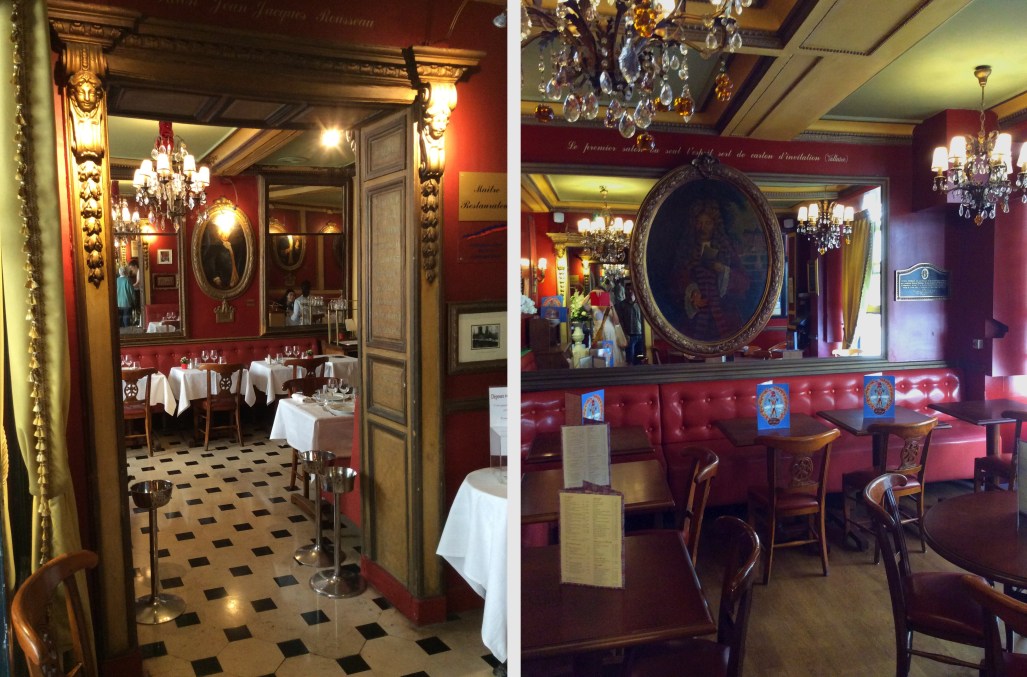Two interior views of upstairs dining rooms in Café Procope, Paris