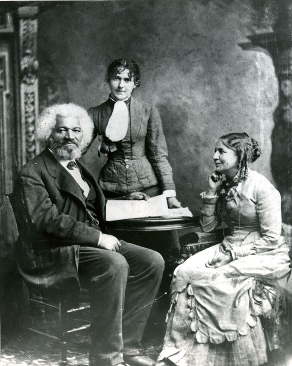 Frederick Douglass with his second wife Helen Pitts and her sister Eva, public domain via Wikimedia Commons