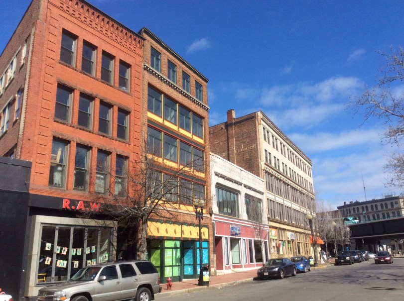 A row of buildings on Central Square in Lynn, MA 