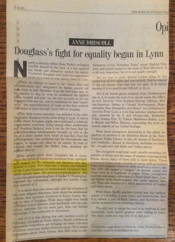 Boston Sunday Globe article about Douglass mentioning plaque on Lynn Commons, Lynn Museum, photo 2016 by Amy Cools
