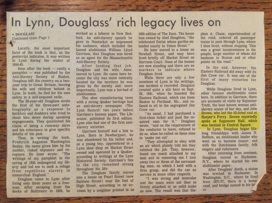 Clipping from Lynn Historical Society about Douglass' life in Lynn and Sagamore Hall