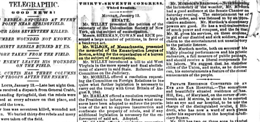 From the Daily National Republican, January 12, 1863 2nd Ed, from Chronicling America, Library of Congress