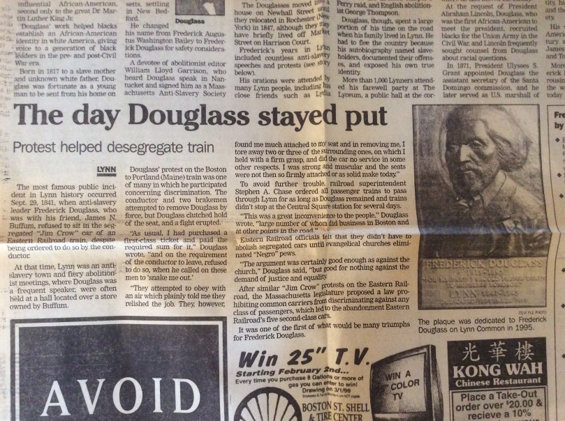 Newspaper clipping from the Lynn Museum and Historical Society about Frederick Douglass' train car sit-in