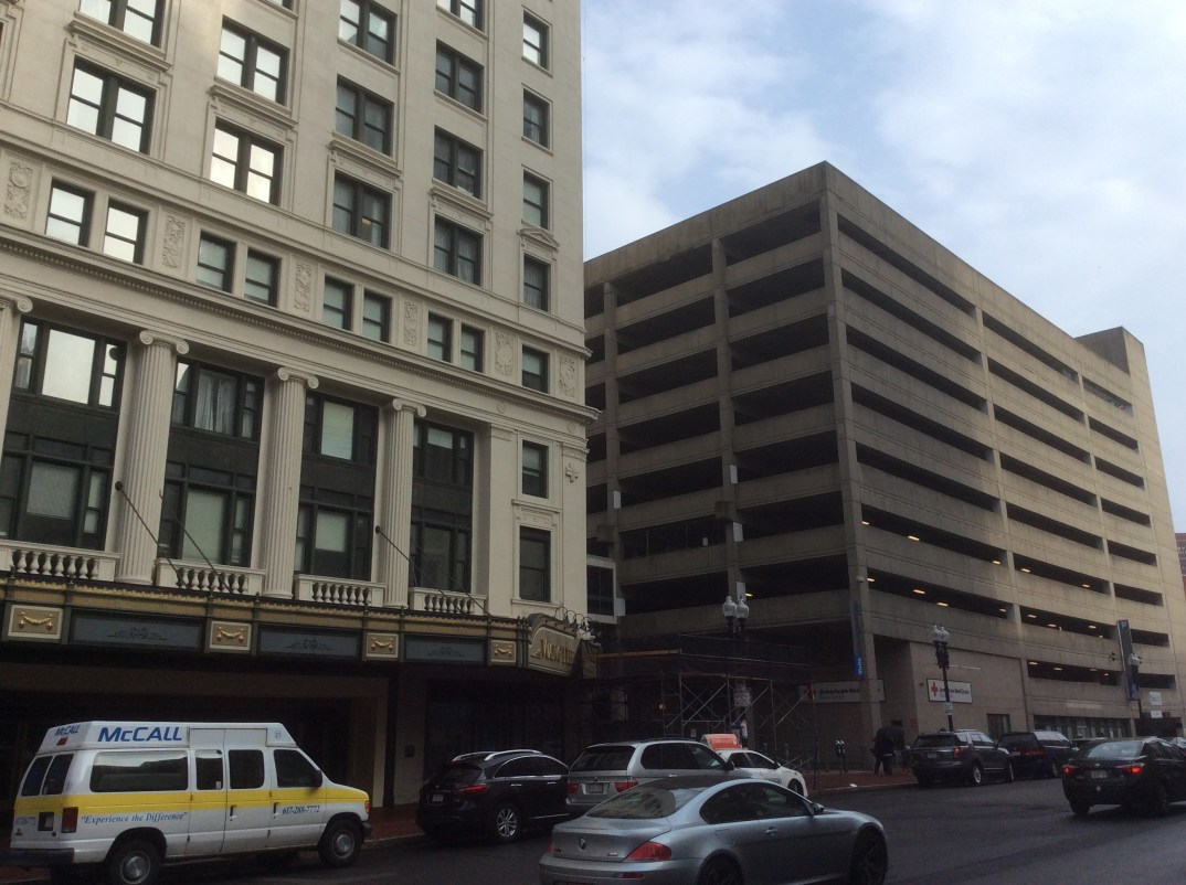 Wang Theater (left) and Tremont St Garage (right) view from Tremont St. (west)