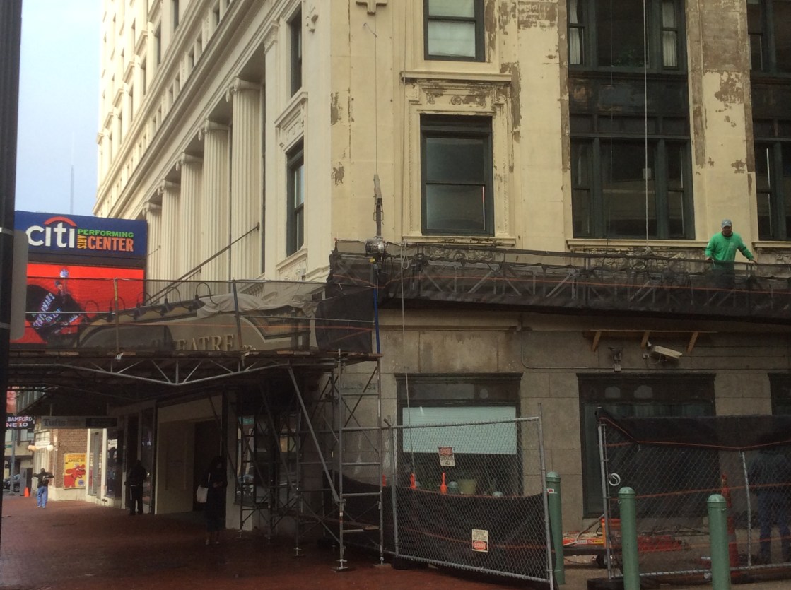Wang Theatre's south side with scaffolding, photo 2016 by Amy Cools