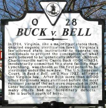Buck v Bell Virginia Historical Marker Q 28, Courtesy of Historical Collections, Claude Moore Health Sciences Library, University of Virginia
