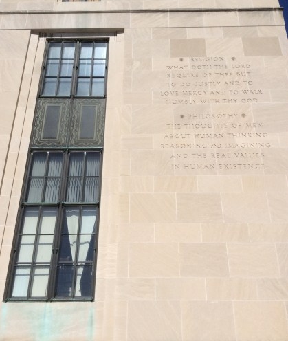Definition of Philosophy and Religion on Rundel Library Building, Rochester, photo 2016 Amy Cools