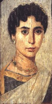 Detail of the death portrait of a wealthy woman, c. 160-170 AD near modern-day Er-Rubayat in the Fayum, public domain via Wikimedia Commons