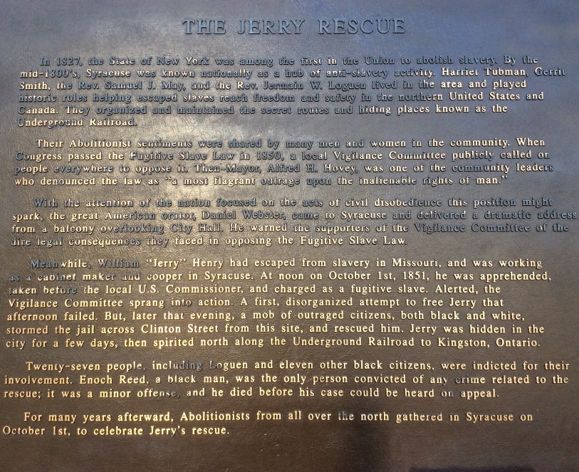Jerry Rescue Monument Plaque, Syracuse NY, photo 2016 by Amy Cools