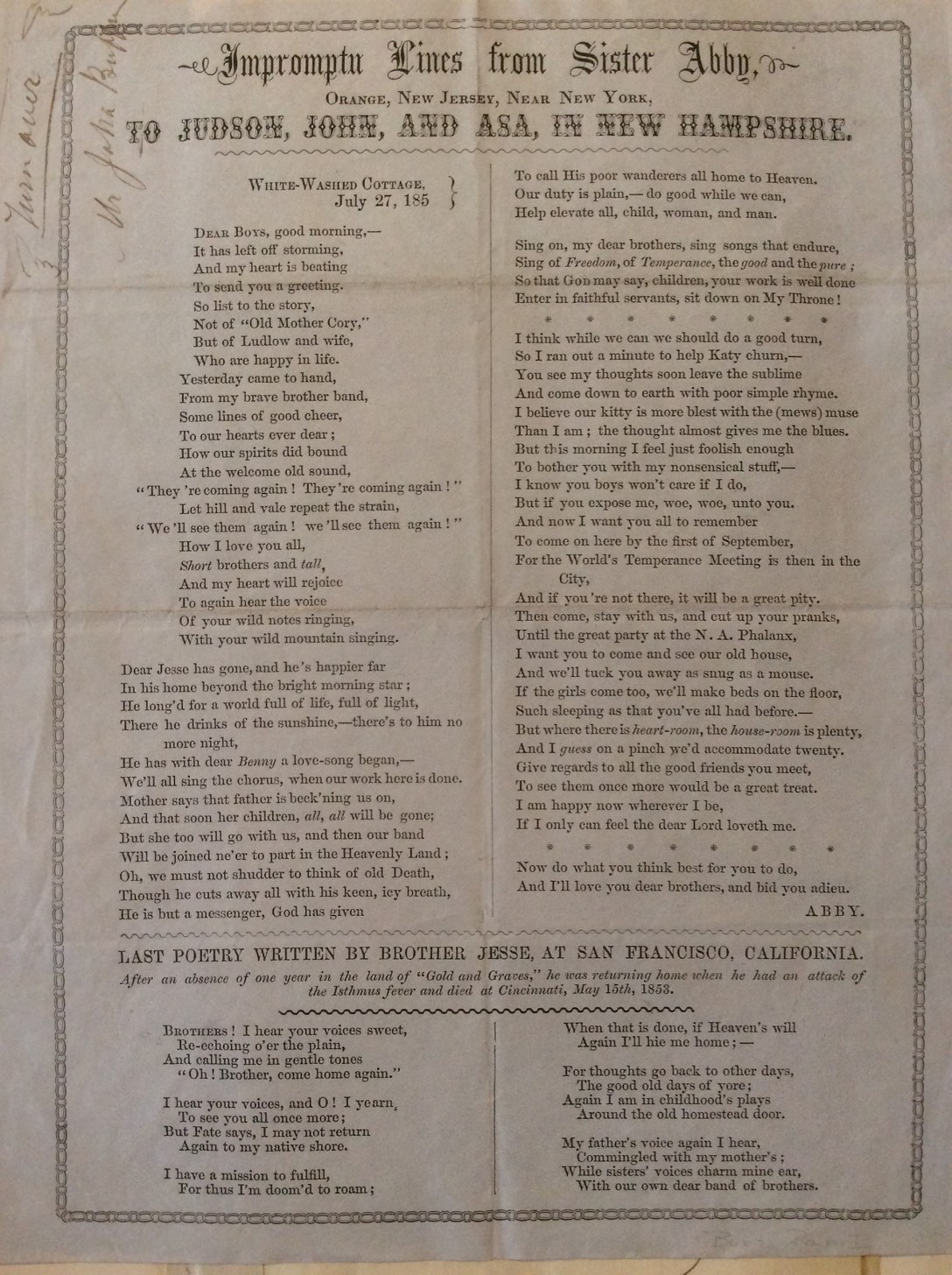 Abby Hutchinson's tribute to Jesse upon his death on May 15, 1853