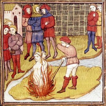 Detail of a miniature of the burning of the Grand Master of the Templars and another Templar. From the Chroniques de France ou de St Denis, Public Domain via Wikimedia Commons