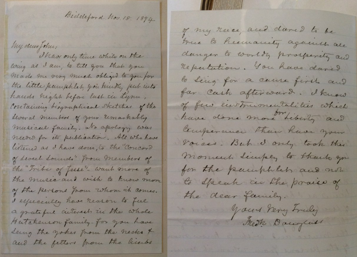 Frederick Douglass letter to John Hutchinson, dated 1874, Lynn Museum & Historical Society