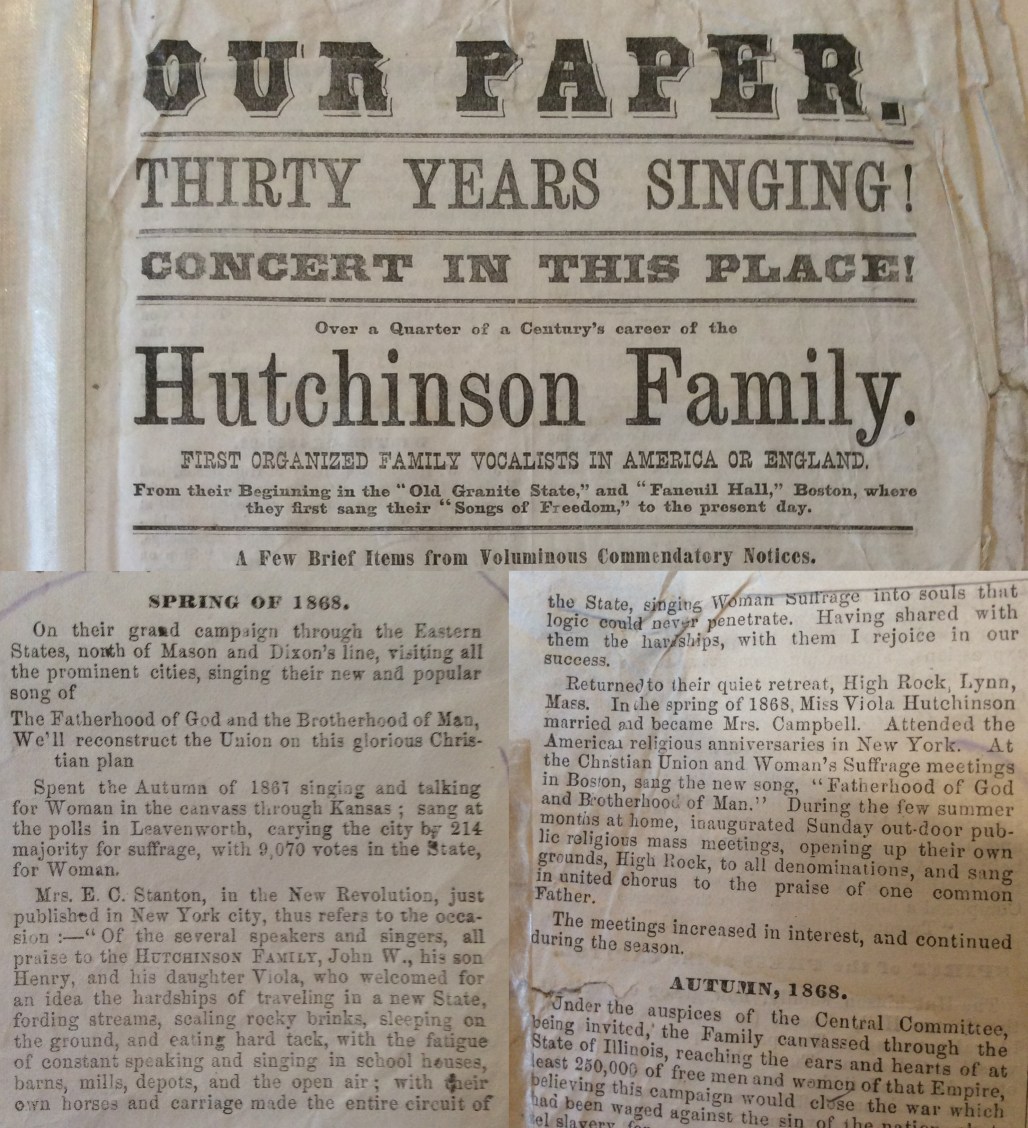 Hutchinson Family Paper celebrating 25 years as a group, with ringing endorsement by Elizabeth Cady Stanton