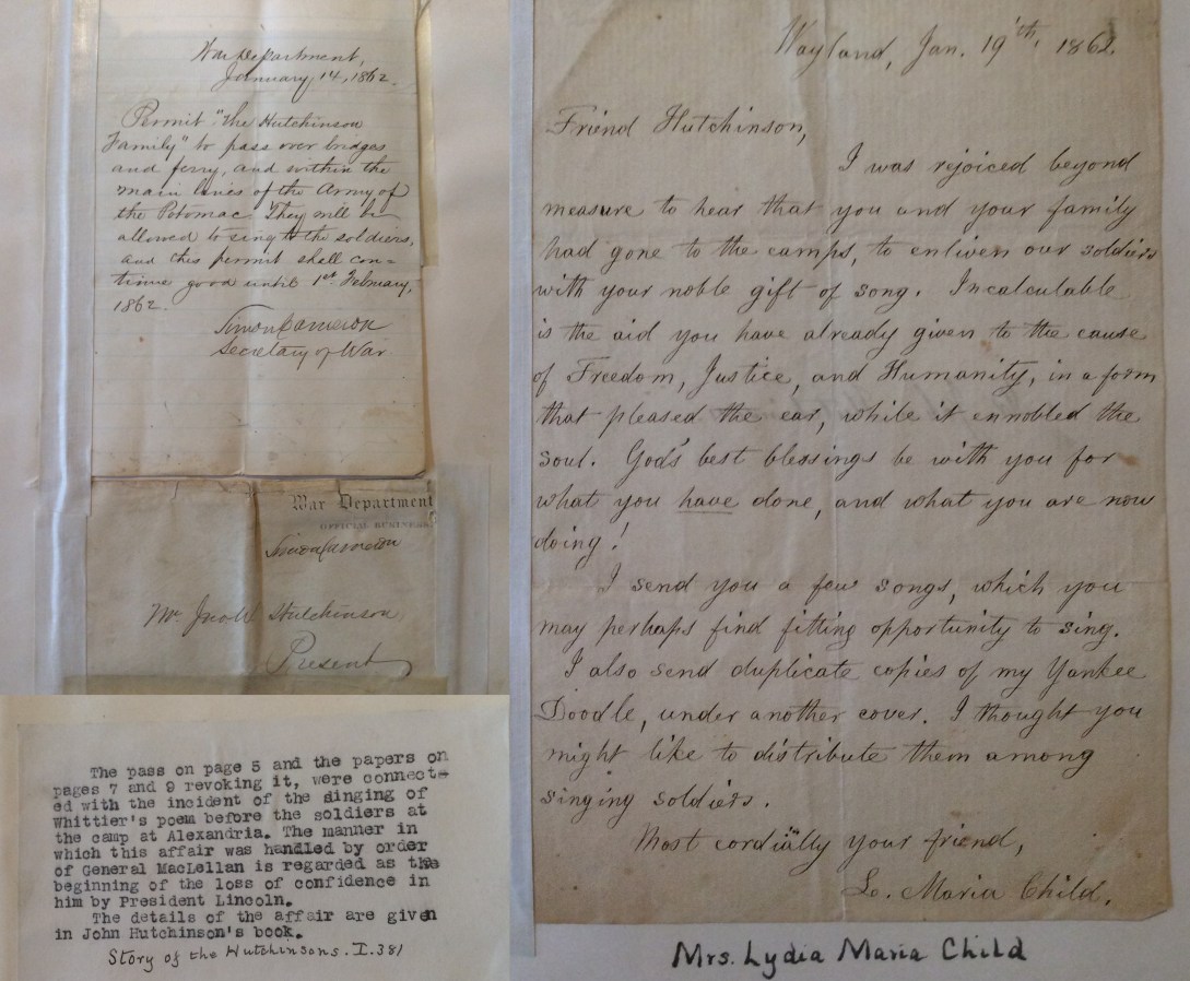 Civil War free pass and letter from Lydia Marie Child to John Huchinson, Lynn Museum & Historical Society