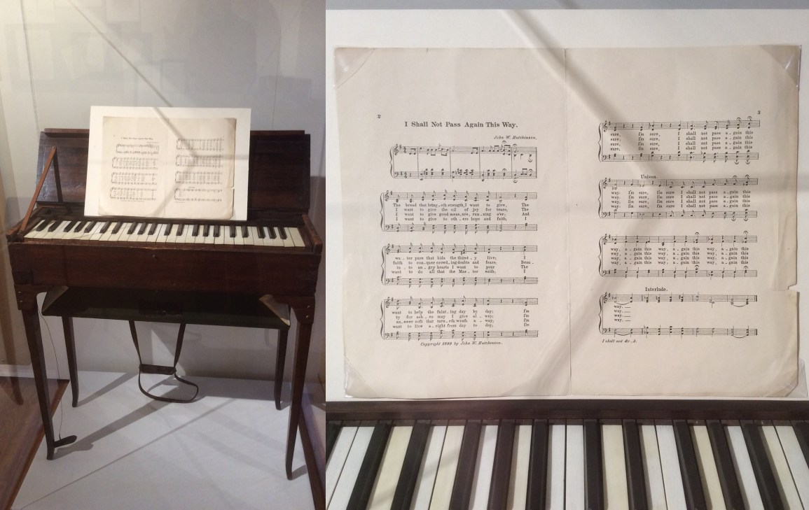Piano with John Hutchinson sheet music, Abolitionist Lynn exhibit, March 2016