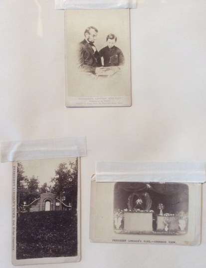 Abraham Lincoln with his son and 2 views of his tomb, from Hutchinson scrapbook at Lynn Museum