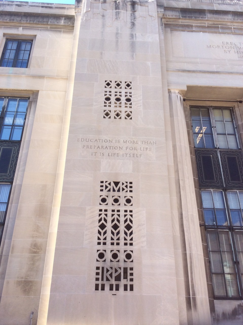 John Dewey quote inscribed on the Rundel Building of the Rochester Public Library, New York, photo 2016 by Amy Cools.jpg