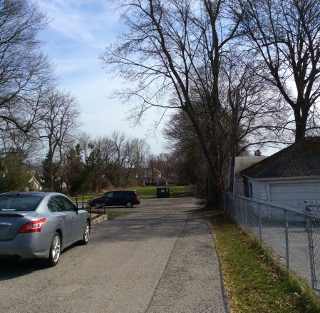 Looking down a private road toward the Anthony family lands and farm site, Thurston, Genessee Park and Brooks, Rochester, 2016 A Cools