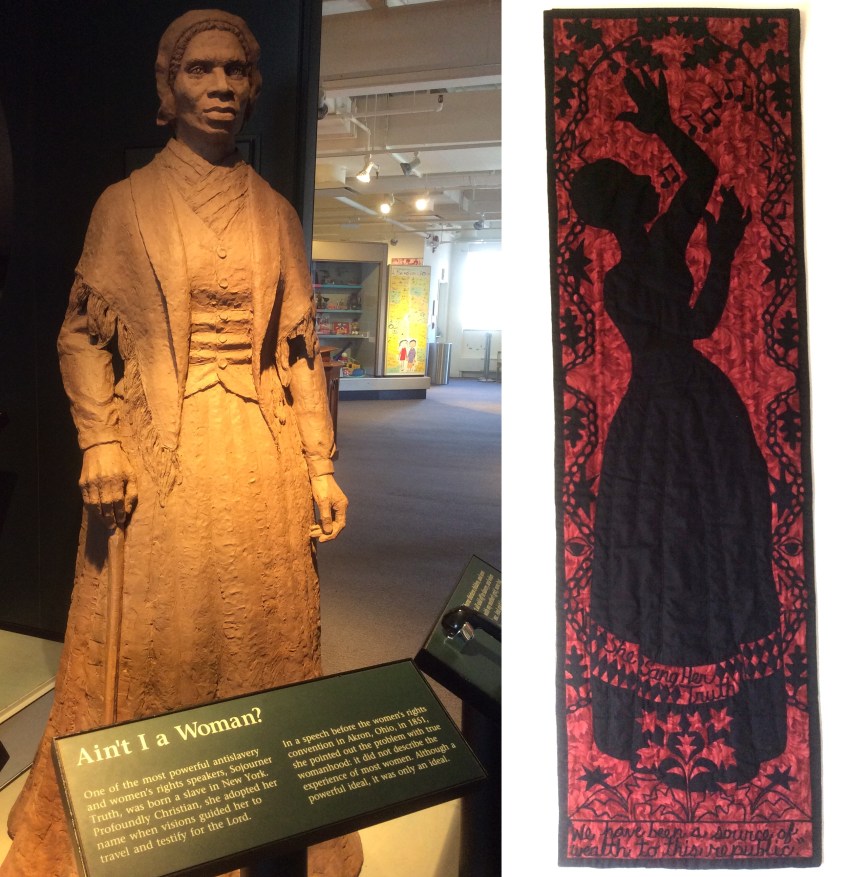 Soujourner Truth statue and plaque at the Women's Rights National Historical Park, and 'The Truth Sings' quilt by Alice Gant, on temporary display