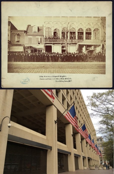 Metzerott Hall, 1873, 925 Pennsylvania Ave, public domain via LOC, and the Hoover Bldg today
