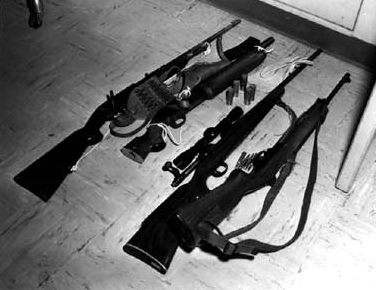 Charles Whitman's rifles and sawed-off shotgun used in University of Texas massacre of 8-1-1966, image free use under CCA 3.0