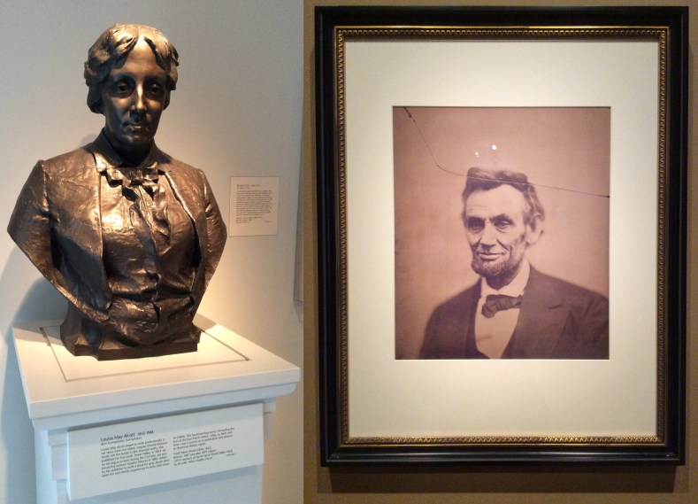 Left, bust of Louisa May Alcott. RAbraham Lincoln a month before his second inauguration, portrait by Alexander Gardner, February 5, 1865. National Portrait Gallery, Washington D.C.