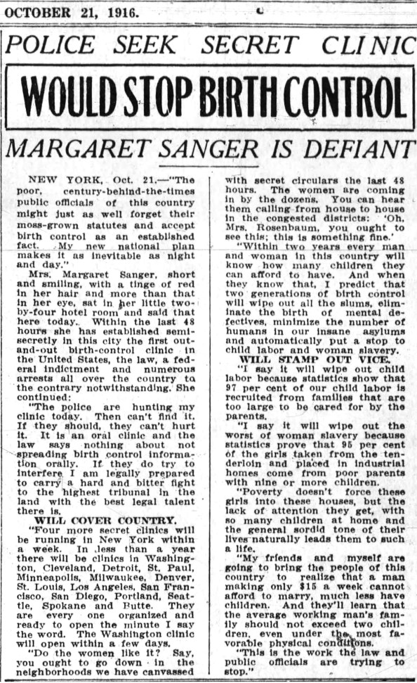 Oakland Tribune Article about Margaret Sanger's NY clinic, Oct 21, 1916 evening edition
