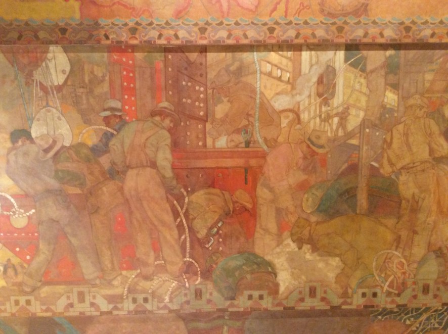 Transport and Human Endeavor ceiling mural by Edward Trumbell. Margaret Sanger was a Socialist and worker's rights activist in her earlier years, and may have admired this mural's beauty while scoffing at its idealized depiction of a factory worker's place of employment