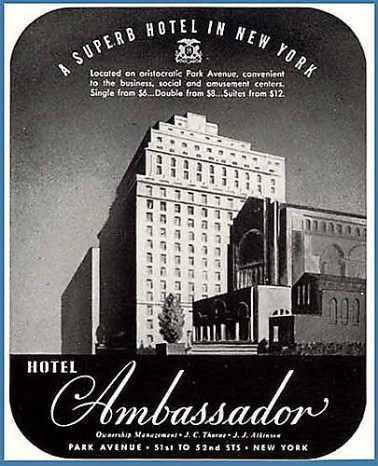 Ambassador Hotel, Park Ave, New York City midcentury advertisement