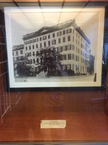 Photo of the original Hotel Brevoort in a glass case in The Brevort lobby