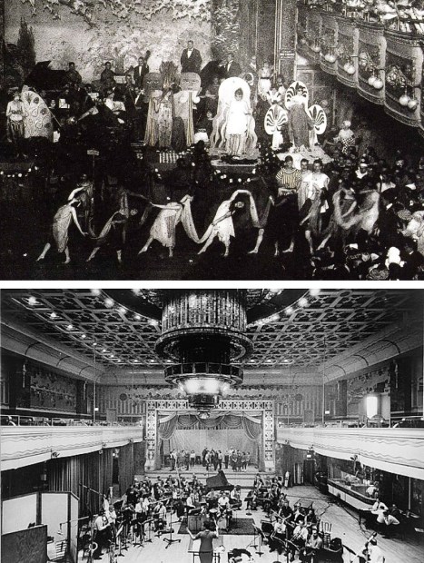 Two views of Webster Hall's Grand Ballroom, public domain via Wikimedia Commons. Above, a Costume Ball probably in the nineteen-teens or early twenties. Below, an orchestra prepares to record 'How to Succeed Without Really Trying' in 1961, public domain via Library of Congress