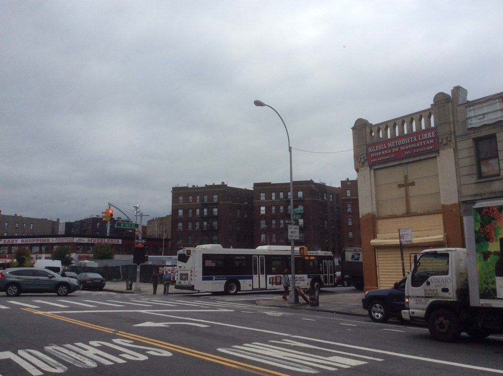 163rd St at Amsterdam. 503 163rd St. used to face where the bus is now. NYC, 2016 Amy Cools