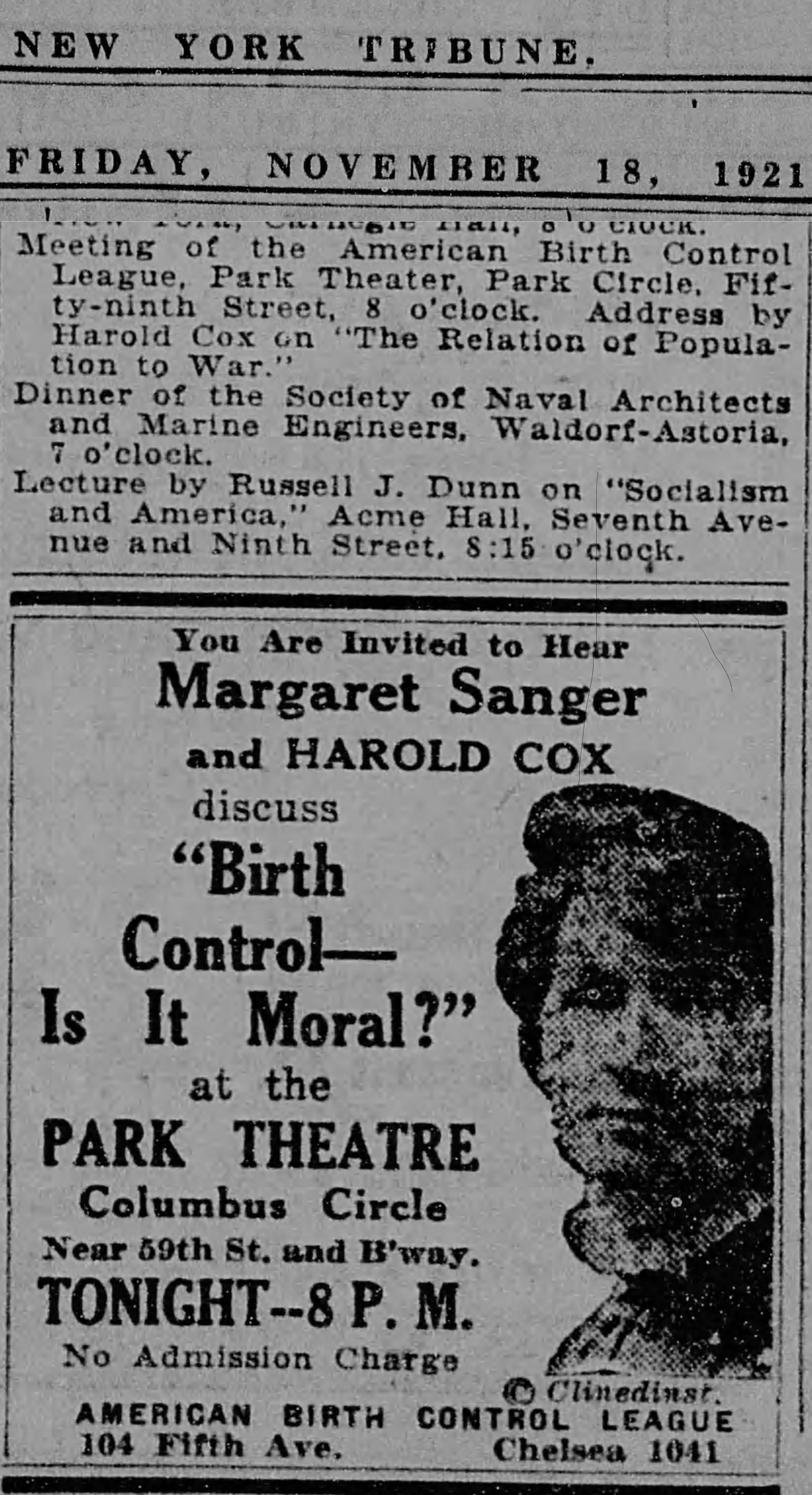 New York Tribune Fri Nov 18 1921, Park Theater Cox Speech
