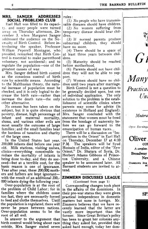 Sanger at Earl Hall, Barnard Bulletin, New York, Fri Dec 11, 1925