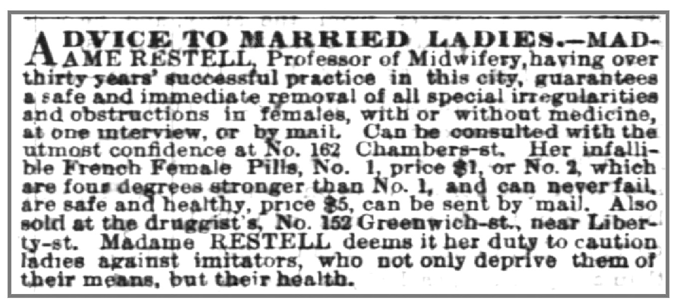 Advice to Married Ladies Madame Restell abortion ad in the New York Times, Nov 9th 1865