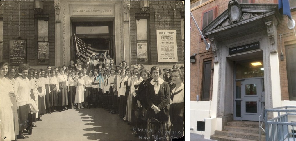 Left, Young Women's Hebrew Association Flag Ceremony at 31 West 110th Street, 1918. Right, LCF doorway at this address today