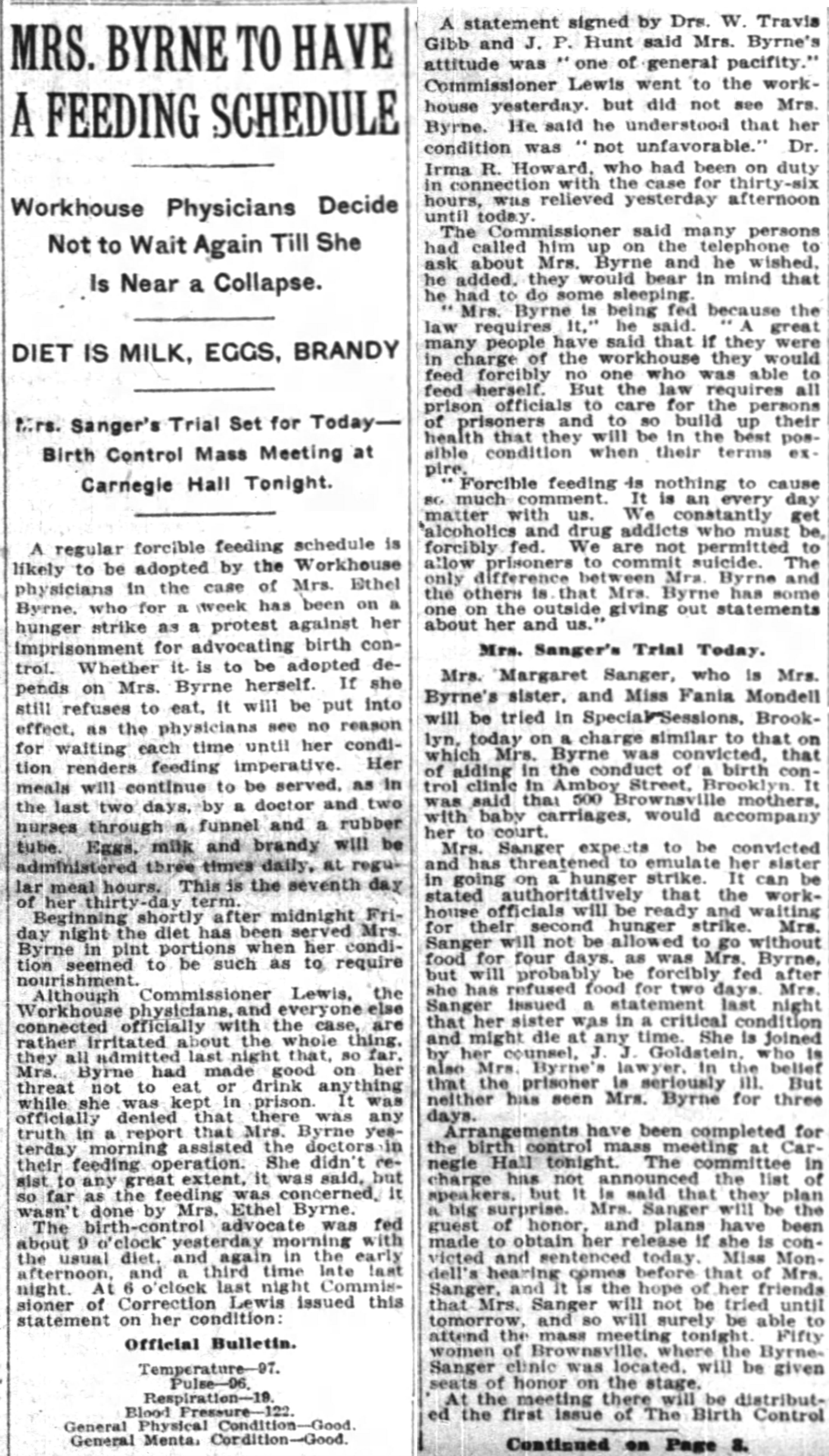 Margaret Sanger, Ethel Byrne, Carnegie Hall, New York Times Jan 29th, 1917, p 1