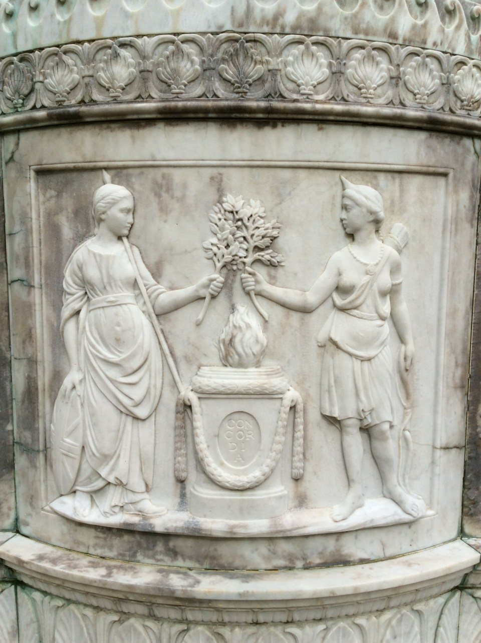 Concordia, sculpted pedestal of Lord Botetourt statue in front of the Christopher Wren building, College of William and Mary, photo by Amy Cools, 2015